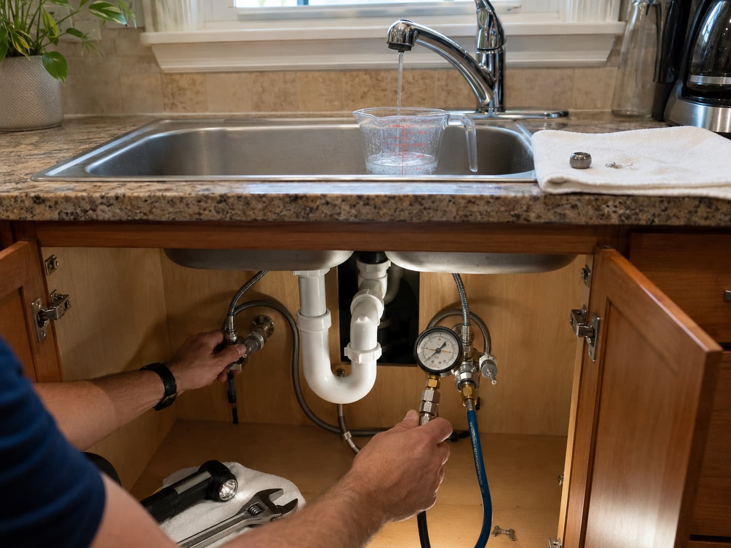 Plumber diagnosing low faucet flow and checking supply lines and shutoff valves