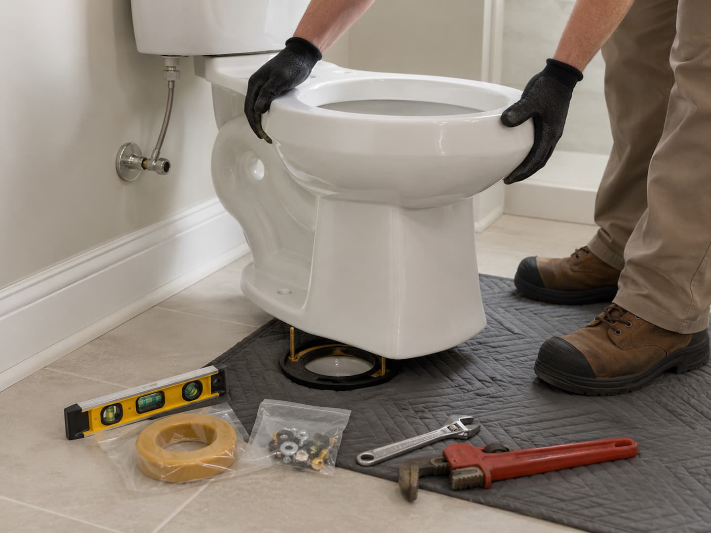 Professional residential toilet installation and bathroom plumbing connection inspection
