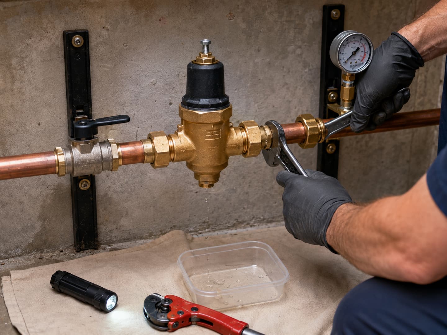 Professional replacement of a residential water pressure regulator with pressure testing