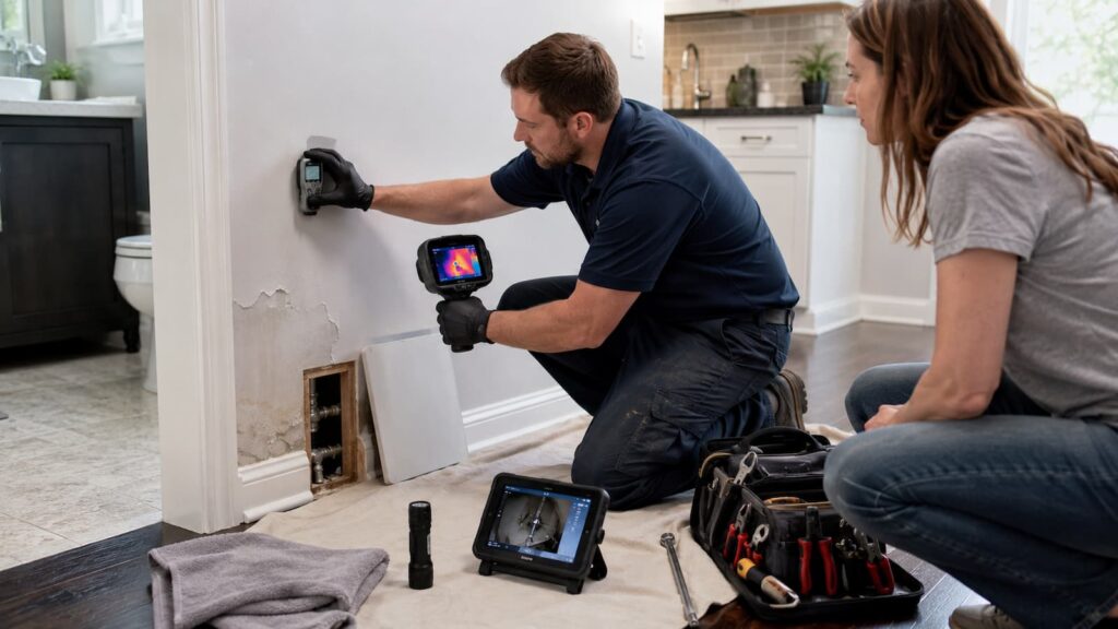 Plumber using moisture meter to detect a pipe leaking behind a wall