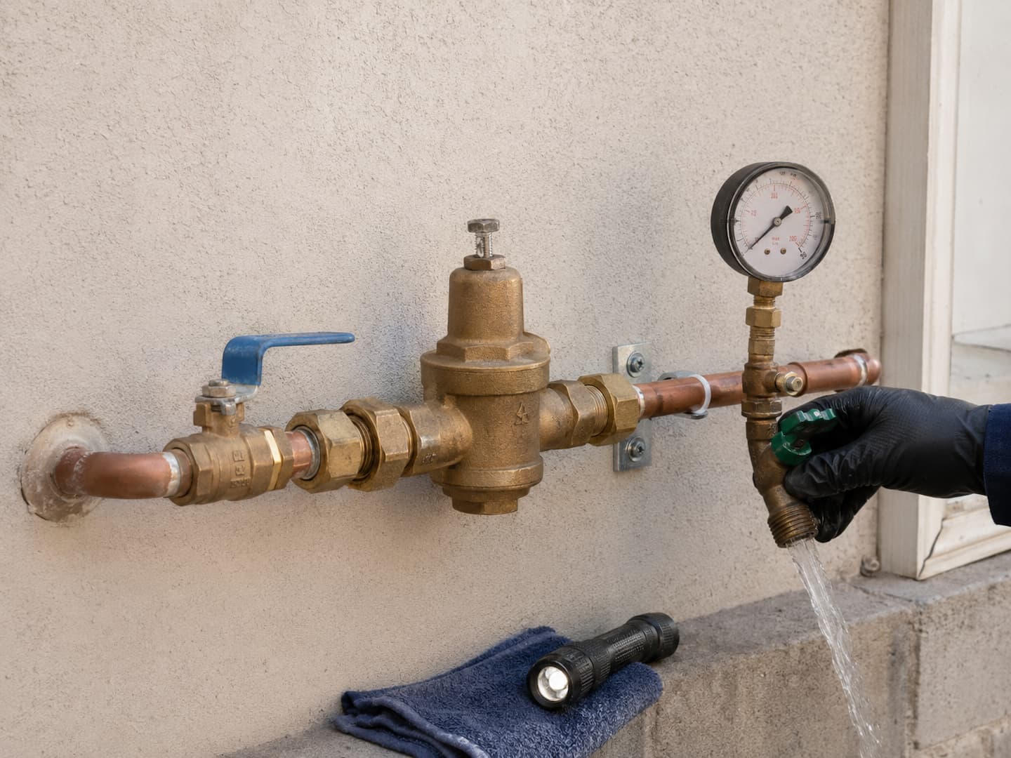 Plumber checking residential water pressure with a gauge near the main water line