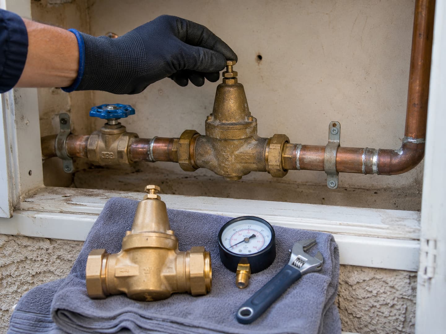 Plumber deciding whether a water pressure regulator can be adjusted or should be replaced