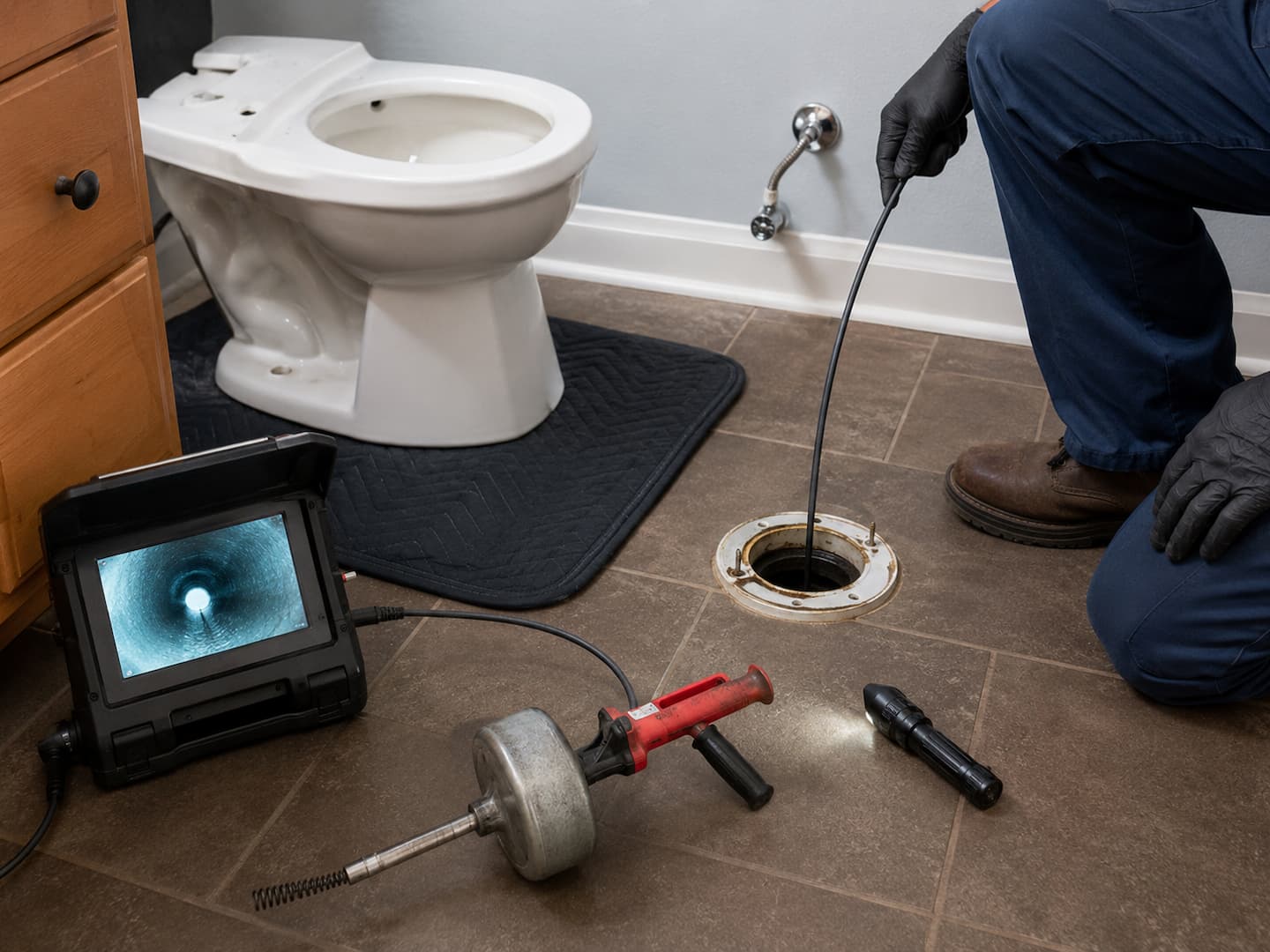 Plumber diagnosing whether a toilet clog is isolated or connected to a drain line problem