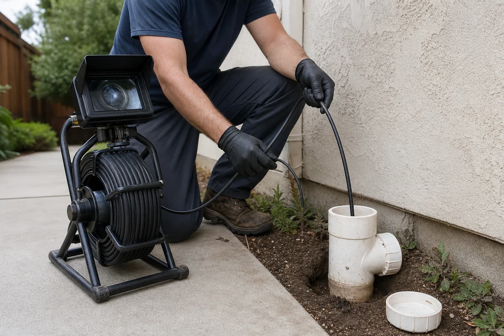 Plumber feeding a sewer inspection camera through an exterior residential cleanout