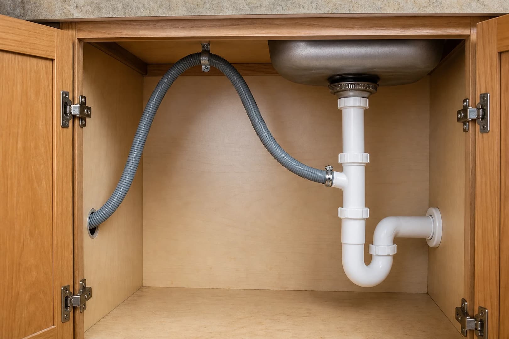 Dishwasher drain hose secured beneath the counter before descending to a branch tailpiece above the P-trap
