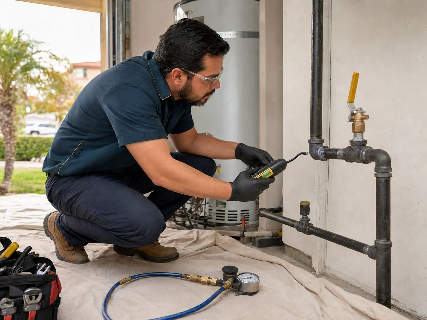Plumber checking a gas line joint with an electronic detector in Vista CA