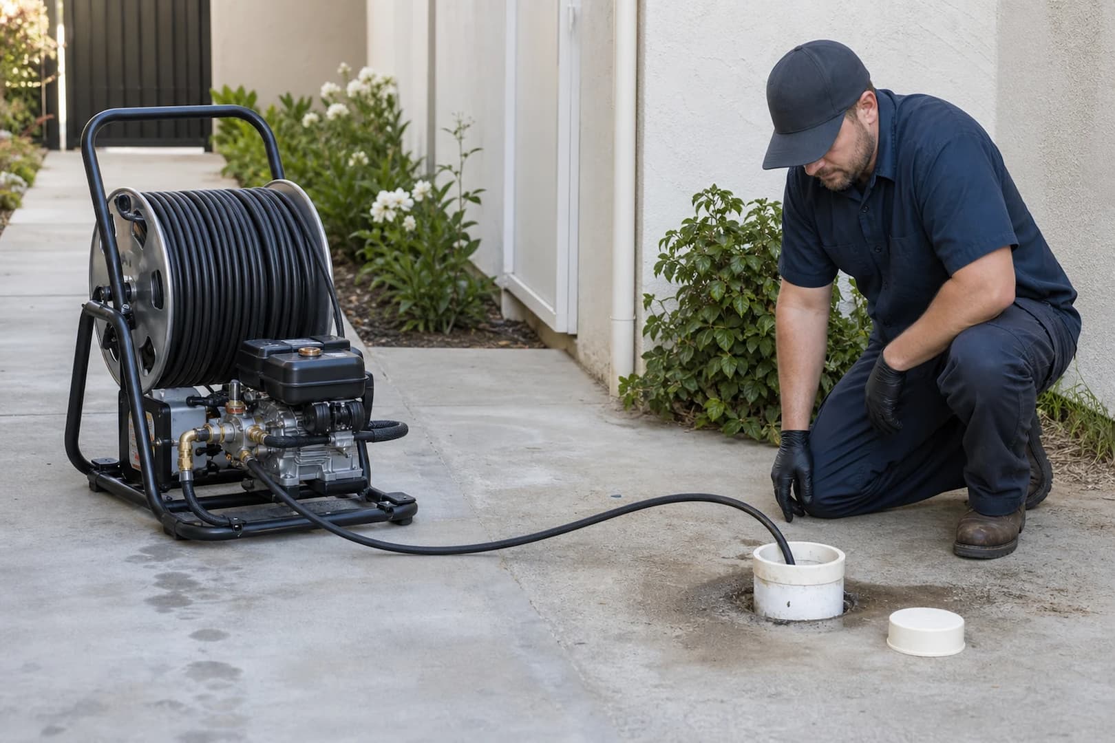 Plumber monitoring professional hydro jetting equipment at an exterior sewer cleanout