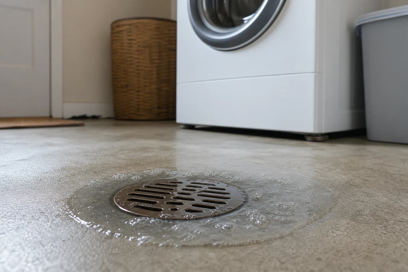 Laundry room floor drain bubbling with a washing machine in the background