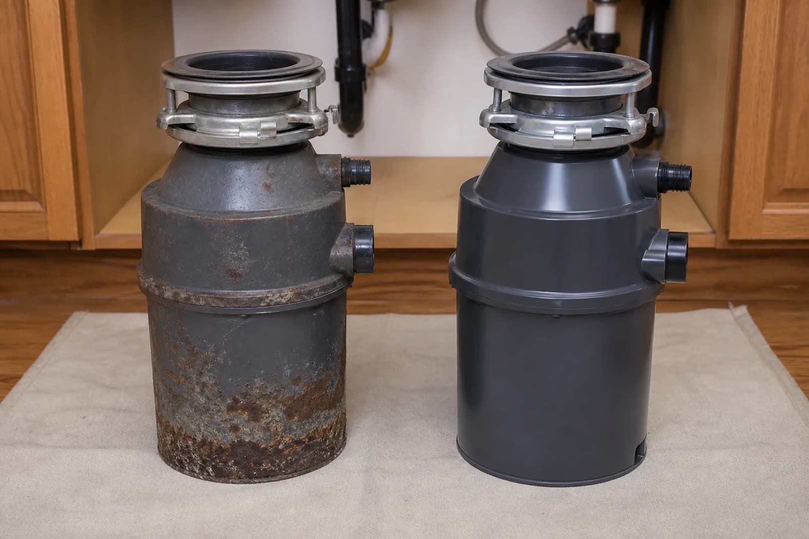 Old corroded garbage disposal beside a clean new replacement unit