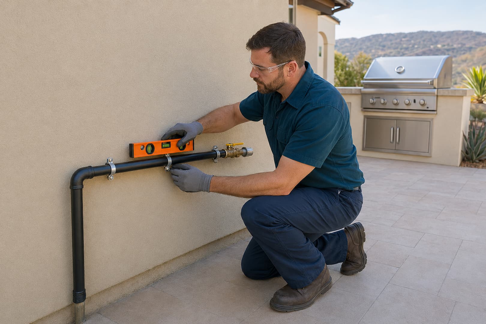 Plumber checking the alignment of a capped outdoor gas line installation in Vista CA