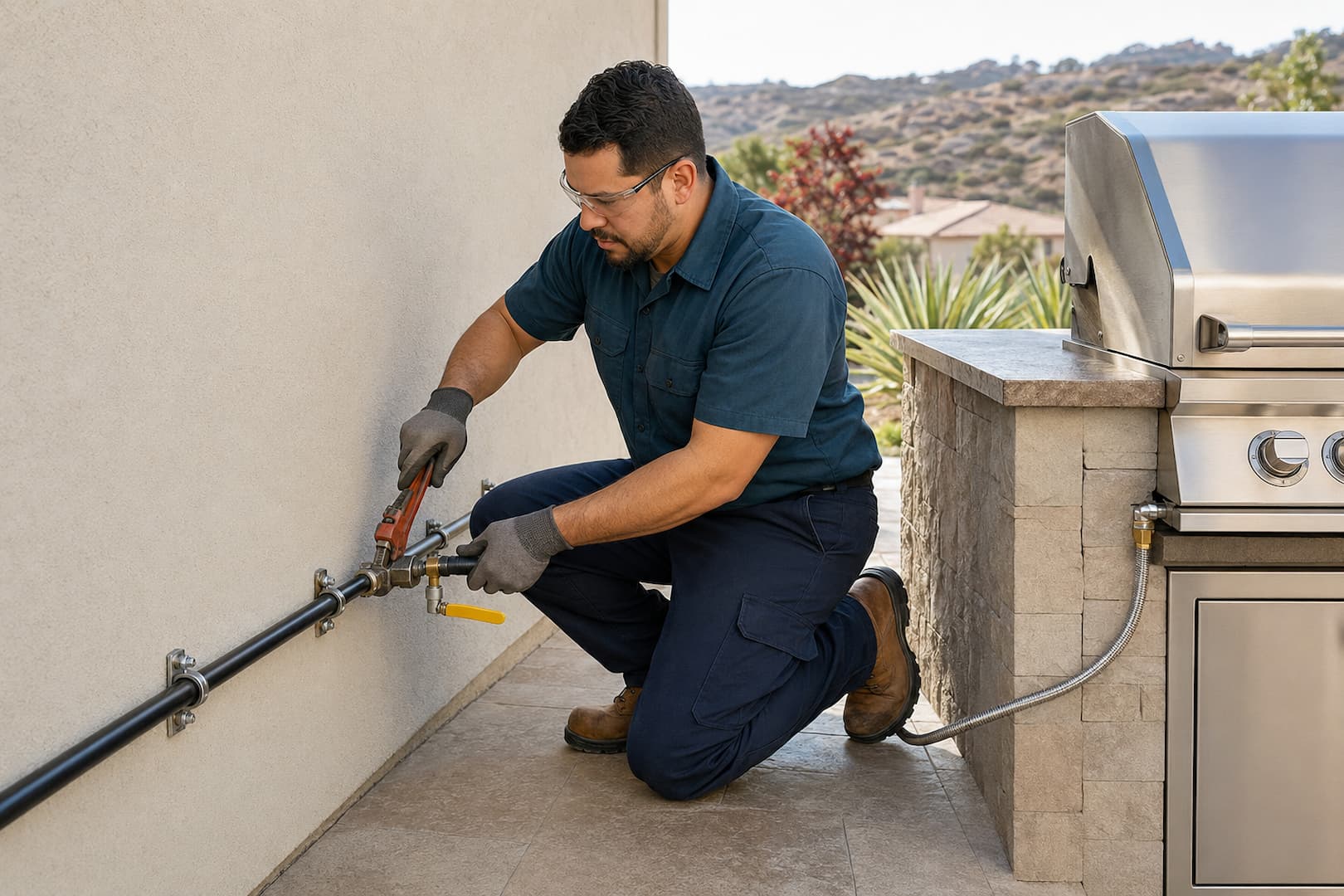 Plumber checking the alignment of a capped outdoor gas line installation in Vista CA
