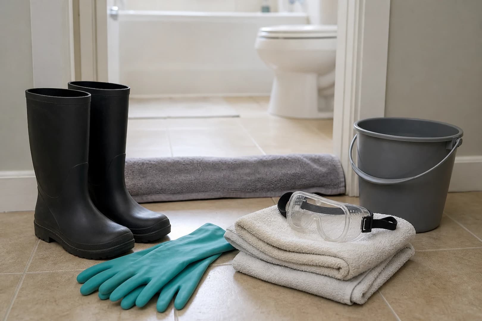 Rubber boots, gloves, goggles, towels, and a bucket staged outside a bathroom after a drain backup