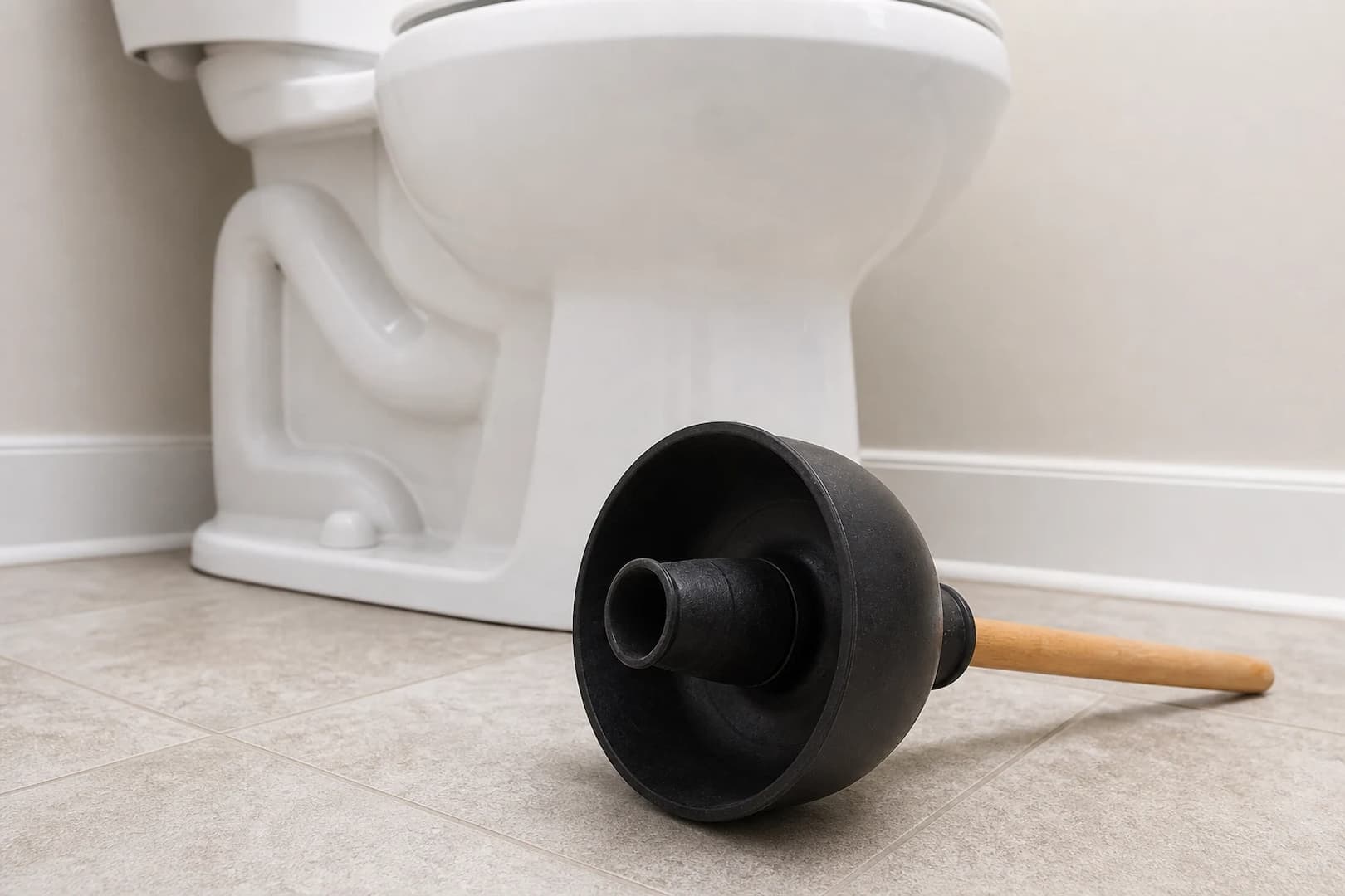 Black toilet plunger with a fold-out flange lying beside a residential toilet