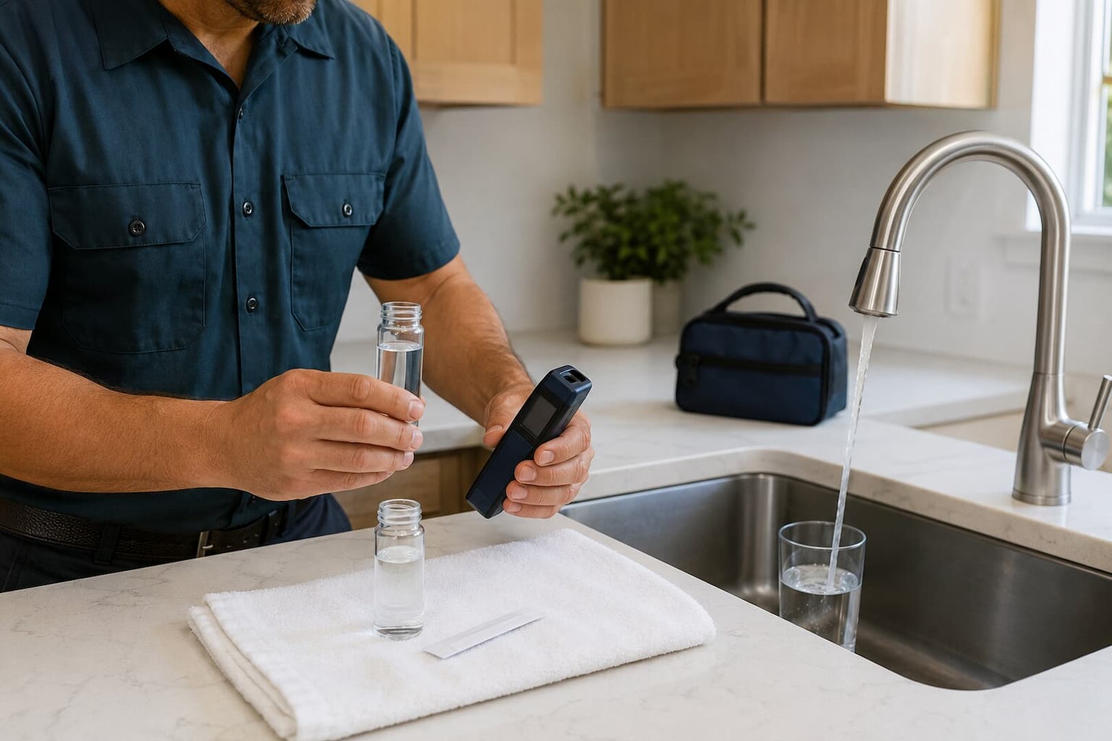 Plumber testing water after whole-house filtration system startup