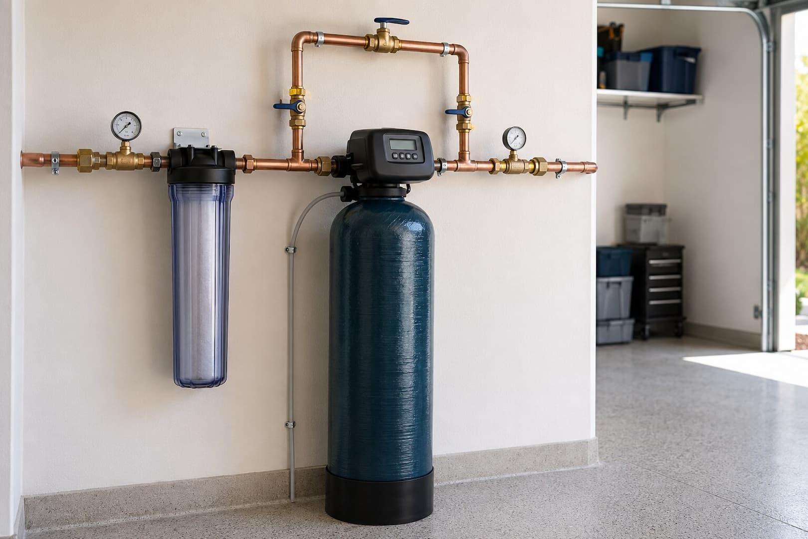 Whole-house sediment and carbon filter with bypass valves and pressure gauges