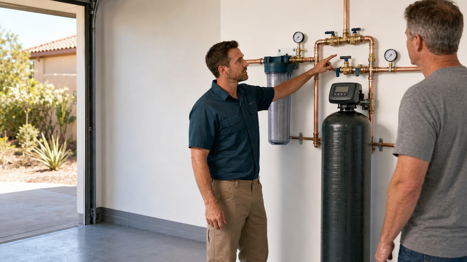 Plumber explaining a whole-house water filtration system to a Vista homeowner