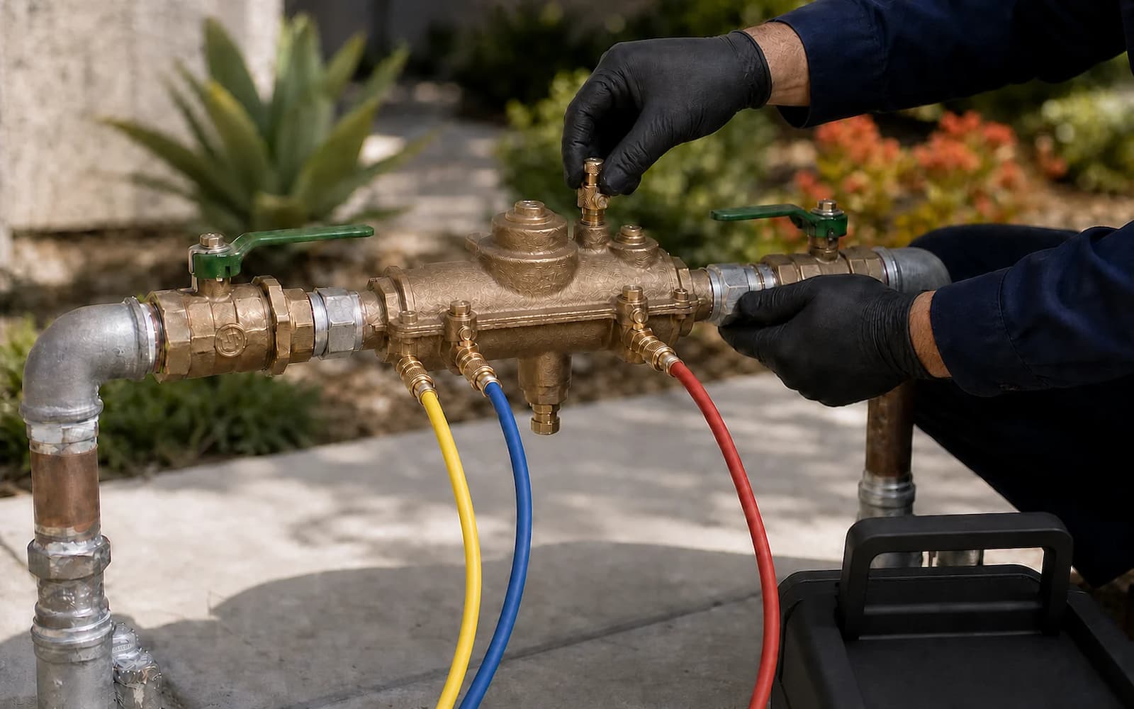 Test hoses connected to a bronze backflow prevention assembly