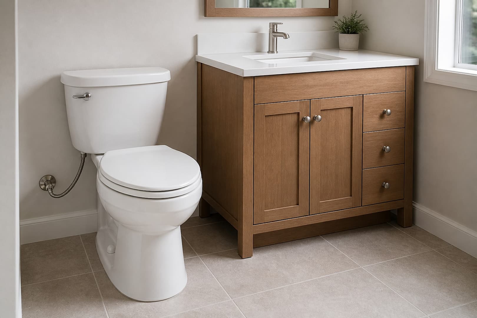 Finished toilet and vanity fixture installation with a correct toilet supply connection