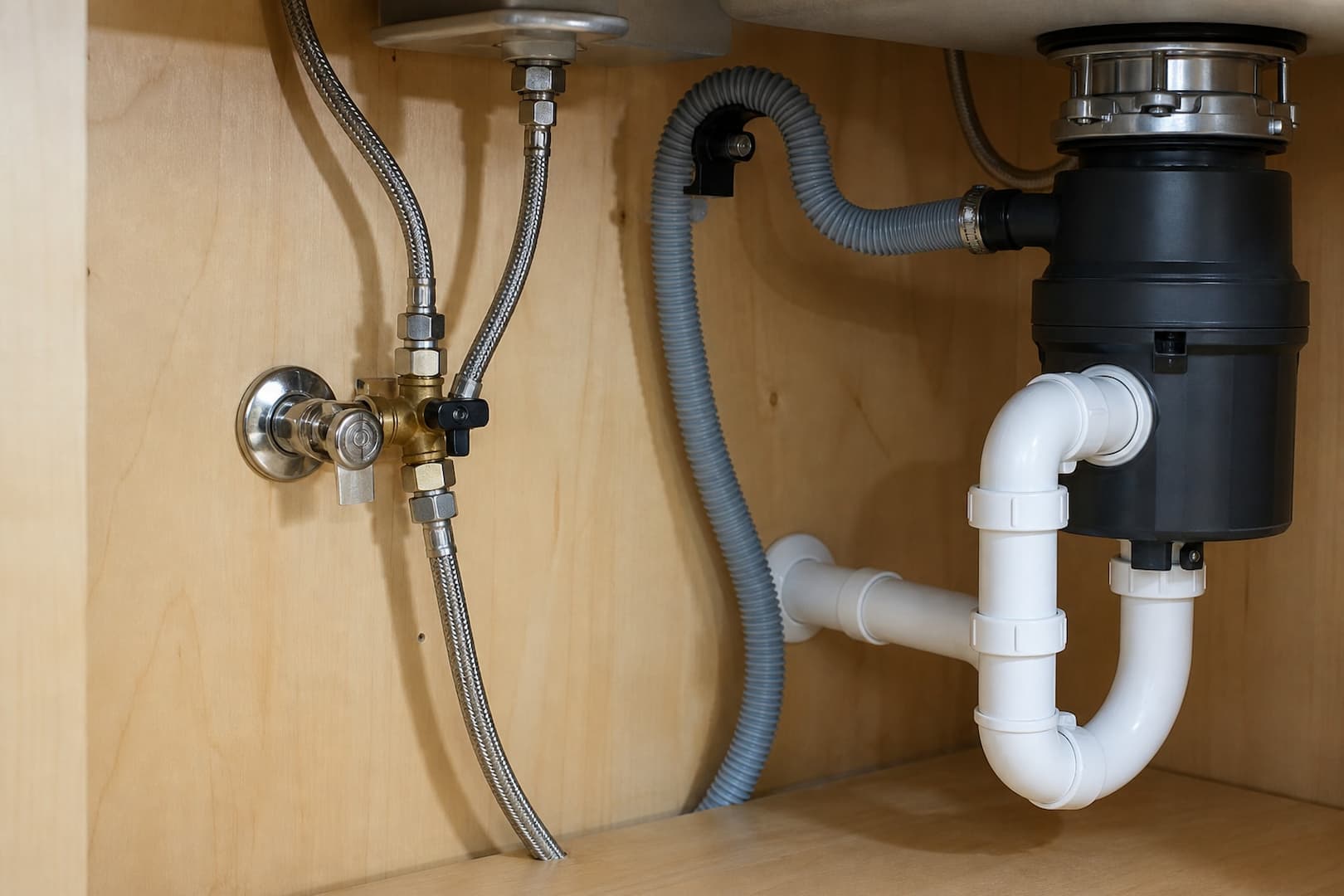 Dishwasher supply line and high-loop drain hose connected below a kitchen sink