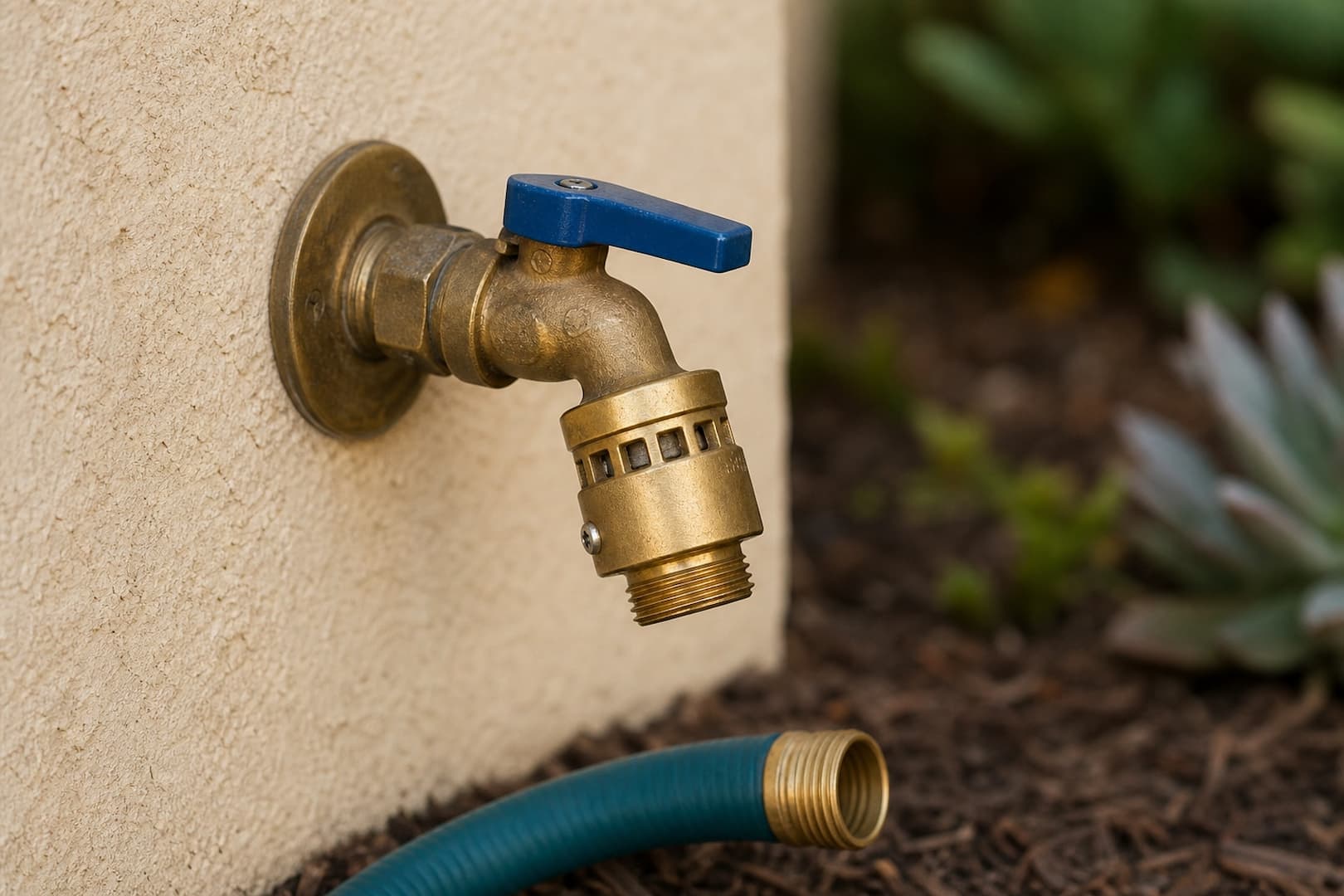 Exterior brass hose bib with a vacuum breaker on a stucco wall