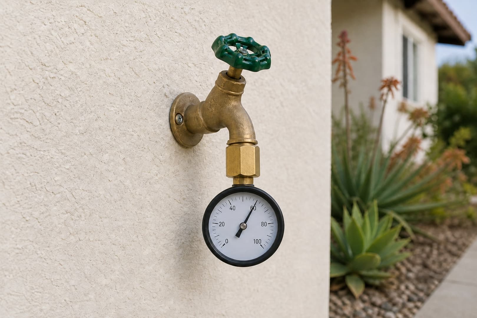 Analog water pressure gauge attached directly to an exterior hose bib during plumbing maintenance