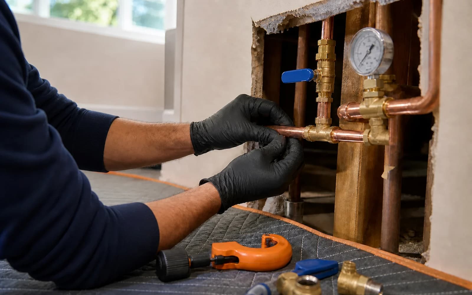 Plumber checking a repaired copper pipe and valve with a pressure gauge