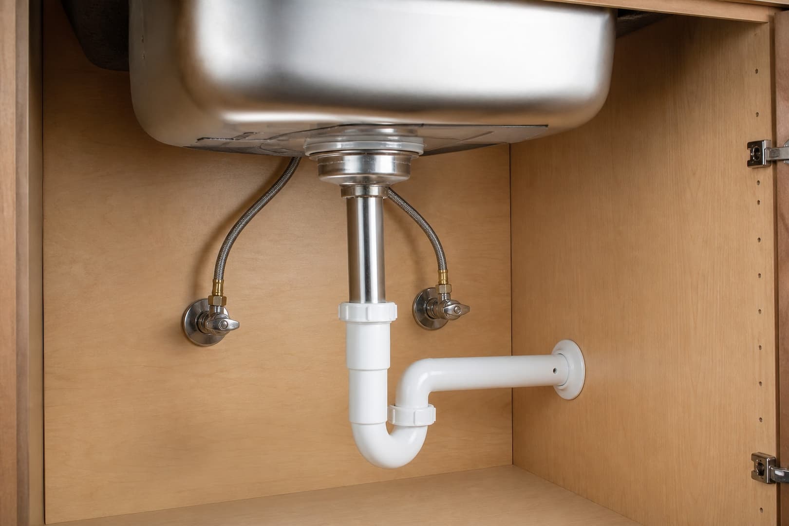 Completed kitchen sink drain with a single P-trap and separate faucet supplies