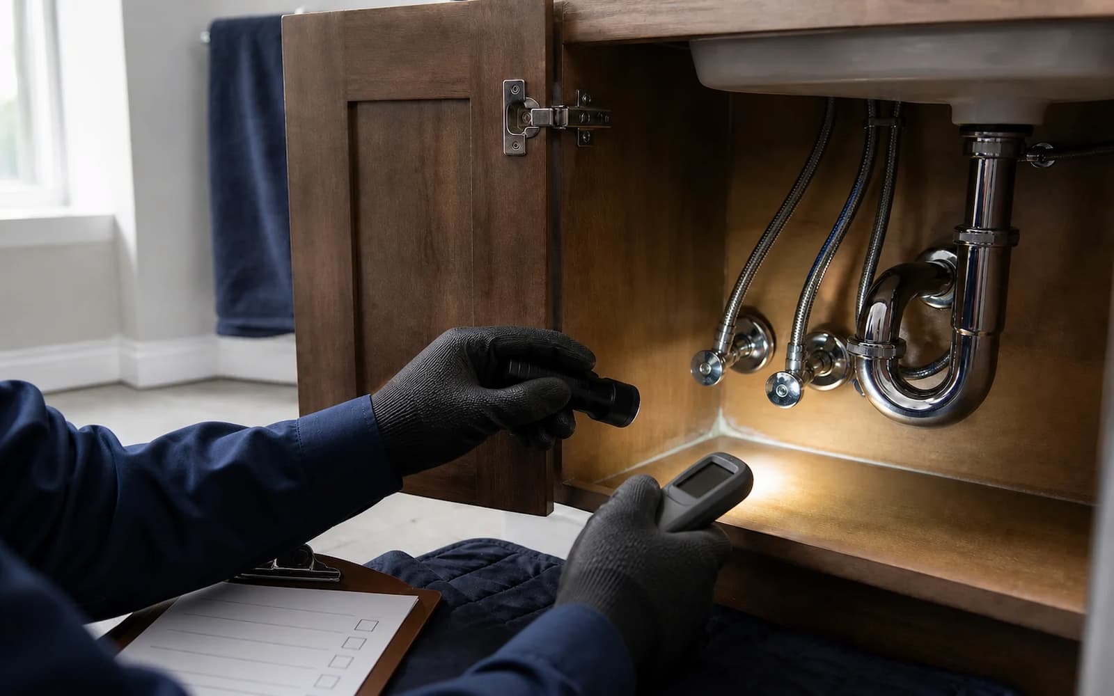 Plumber checking under-sink valves, supply lines and cabinet moisture