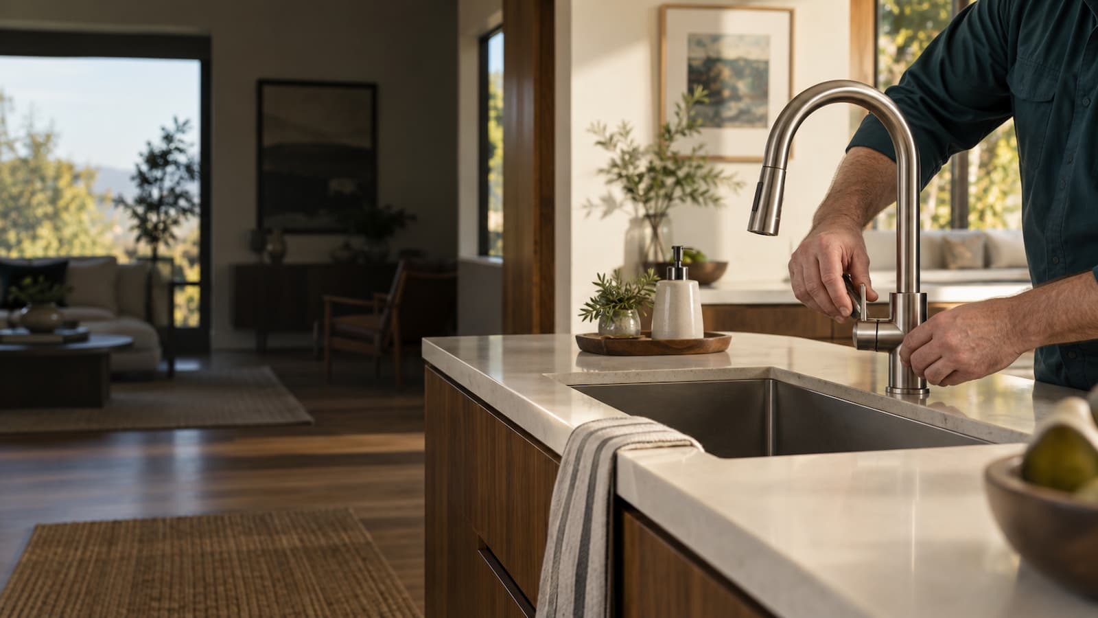 Plumber checking a kitchen faucet in a bright residential kitchen