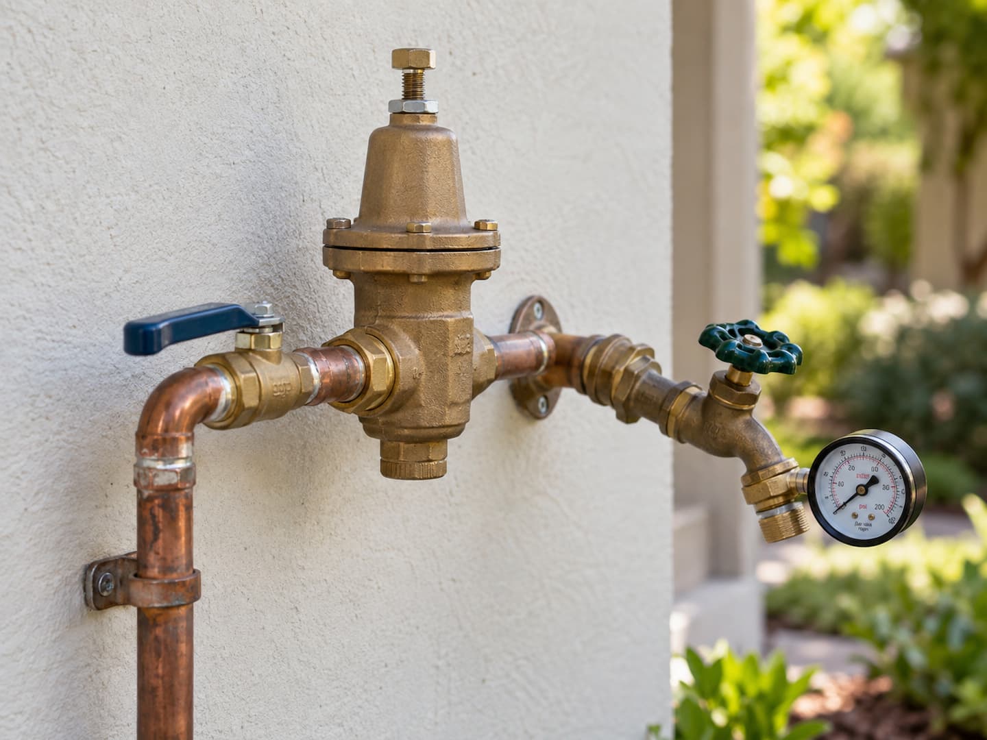 Residential water supply pipes with a pressure gauge and shutoff valve