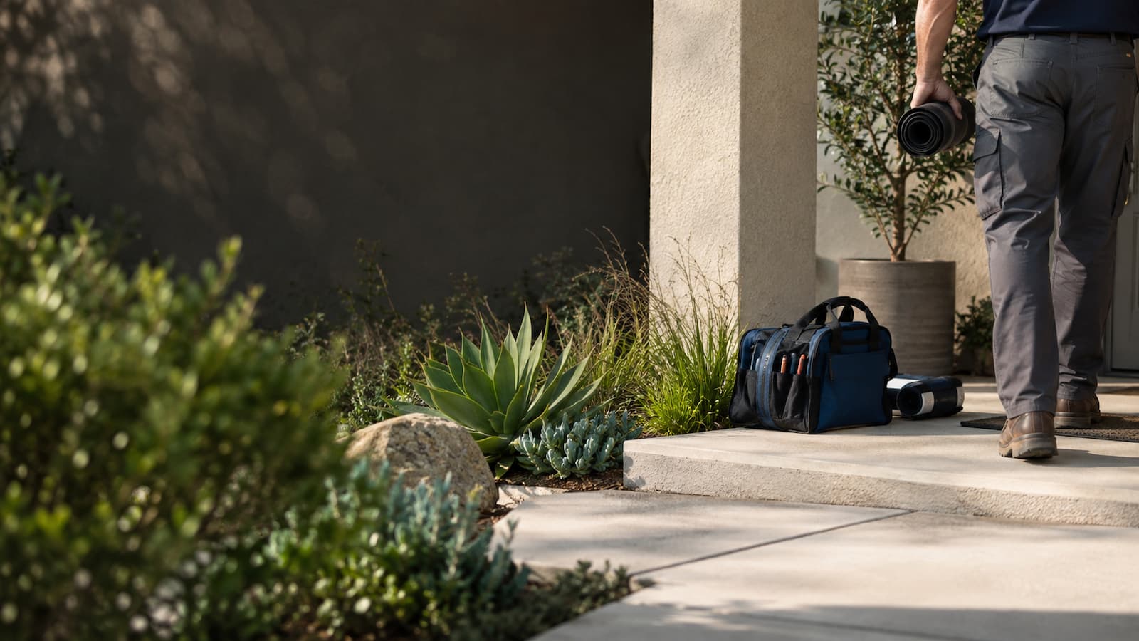 Plumbing tools beside the entrance of a stucco home