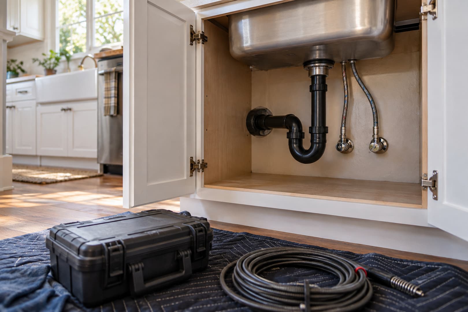 Drain inspection equipment beside an open kitchen sink cabinet