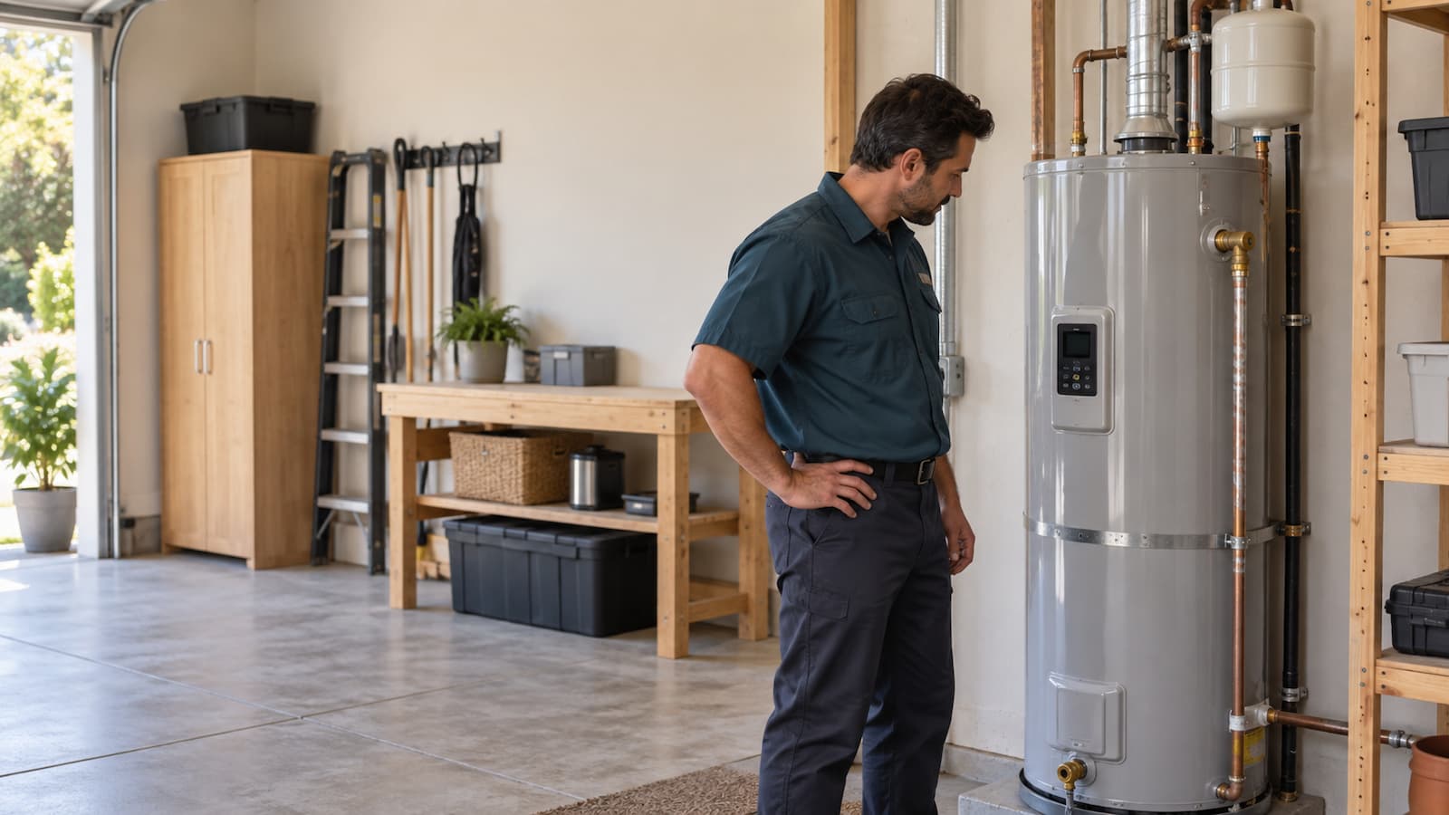 Technician looking at the controls of a residential water heater