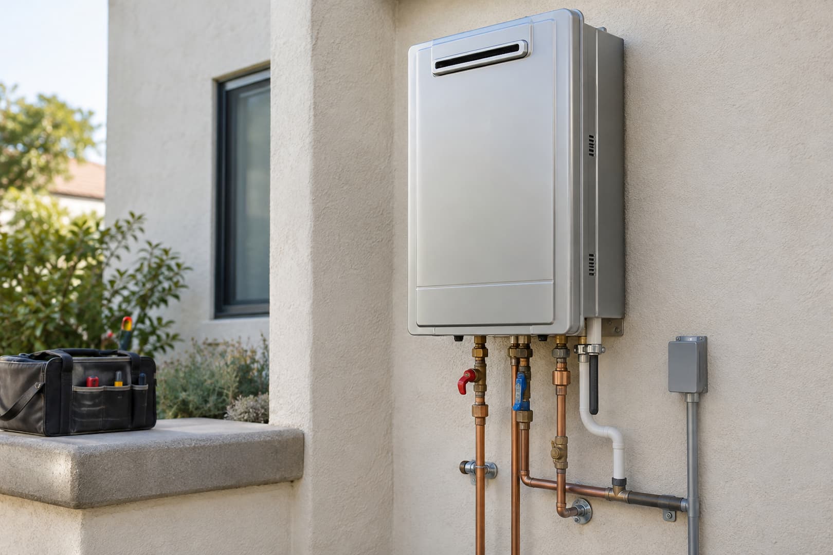 Wall-mounted tankless water heater with accessible service connections