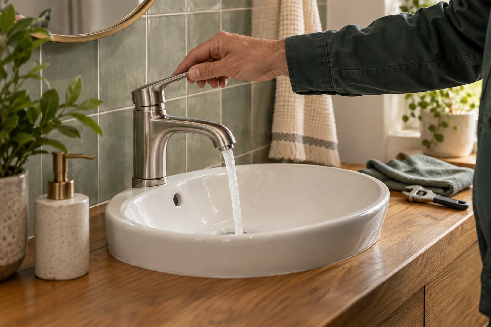 A faucet handle being checked at a bathroom vanity