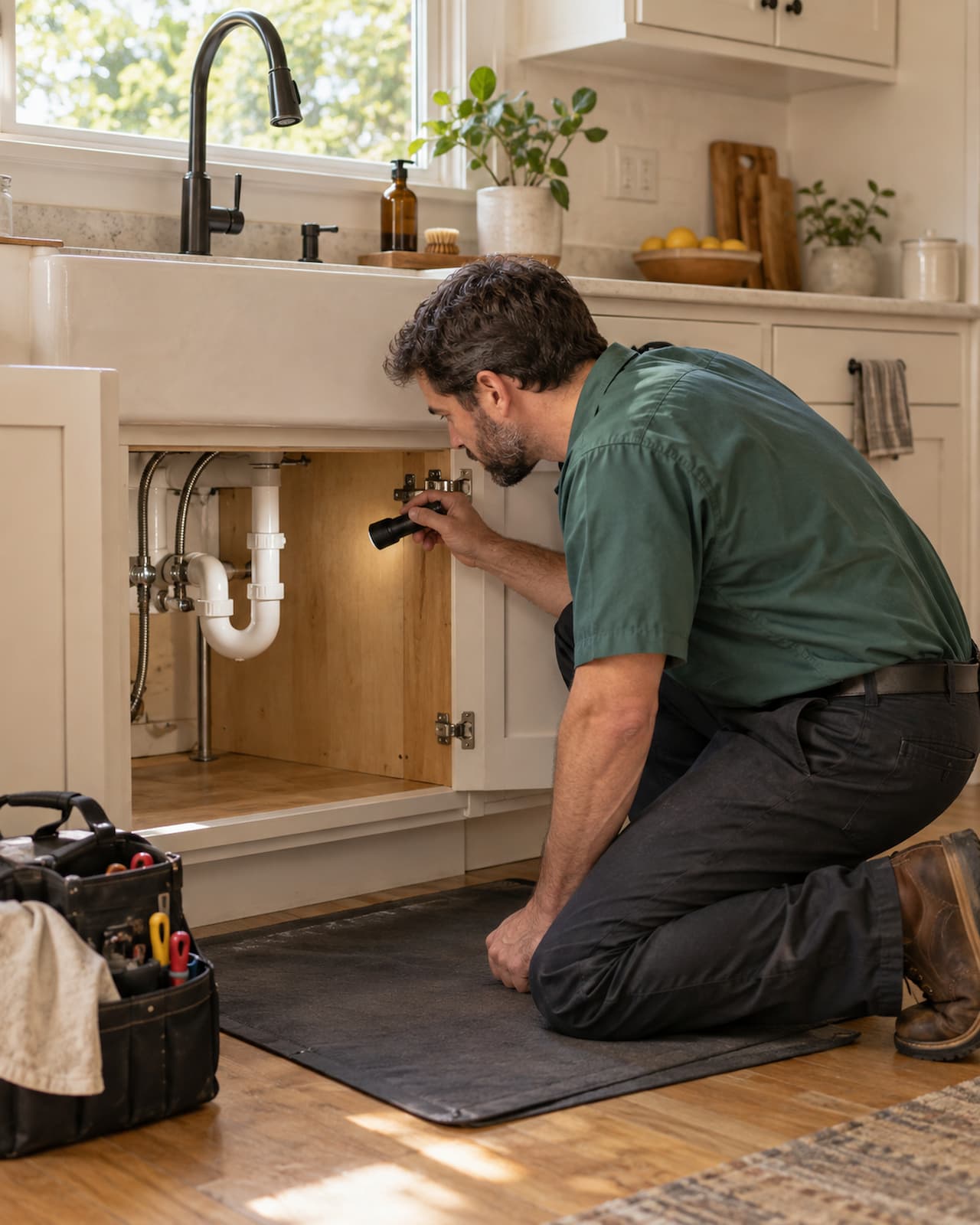 Plumber checking connections inside an open kitchen sink cabinet