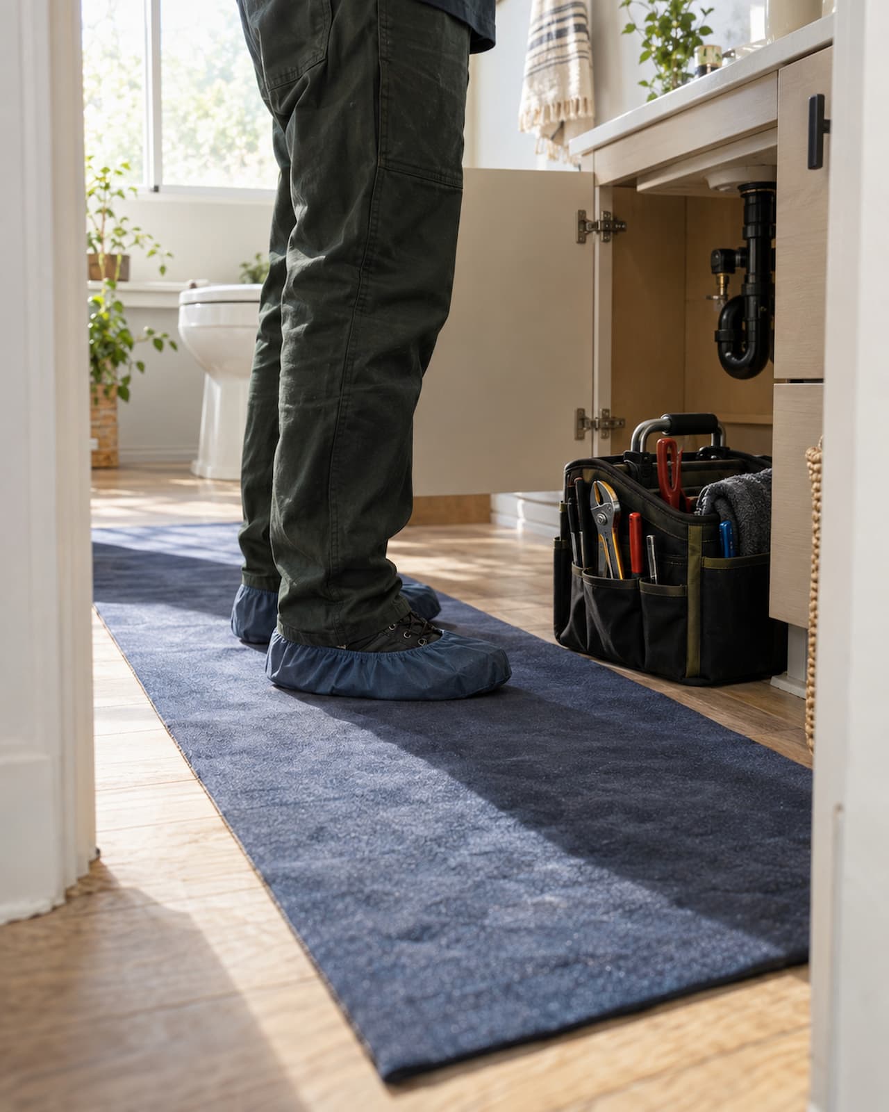 Protective floor covering and organized tools beside a bathroom work area