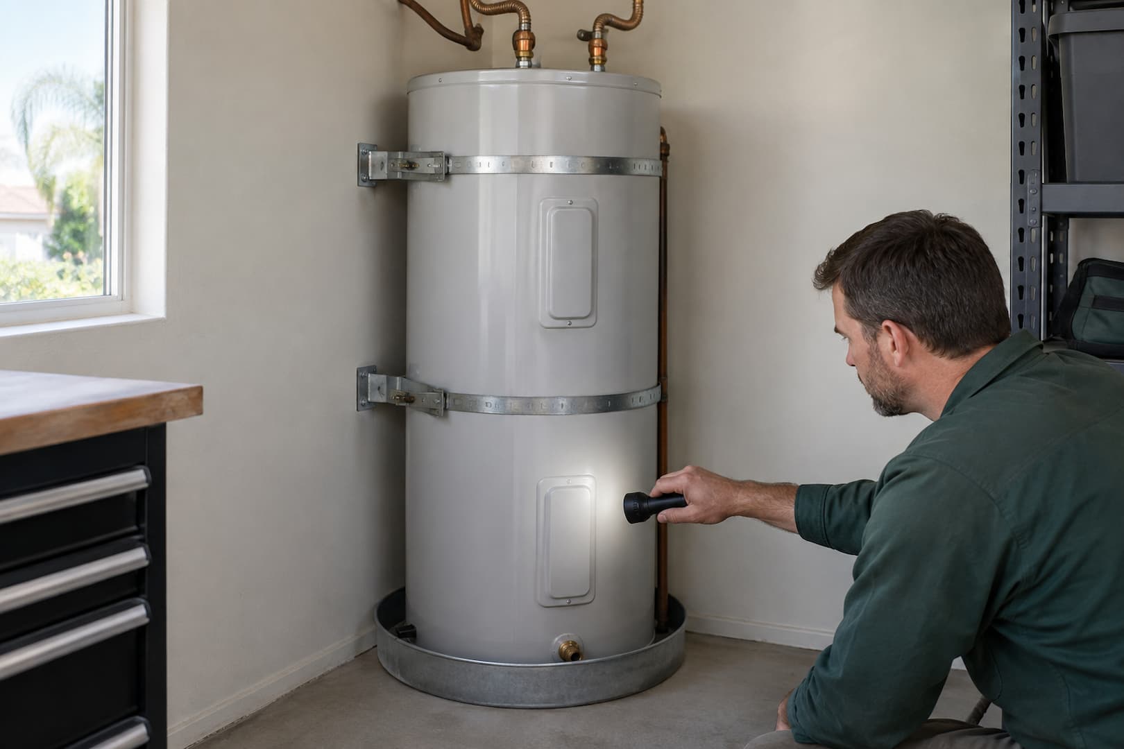 Residential storage water heater being checked with a flashlight