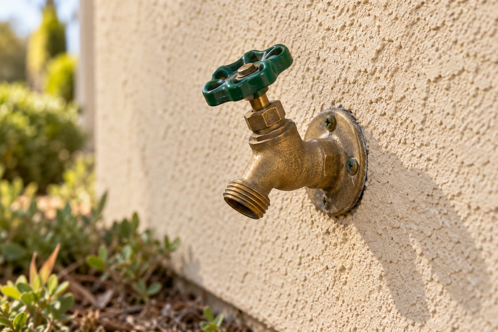 Brass outdoor hose bib mounted on a residential exterior wall