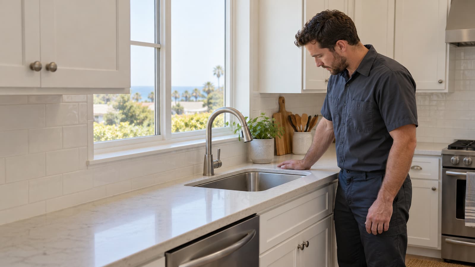 Technician examining a kitchen sink and faucet