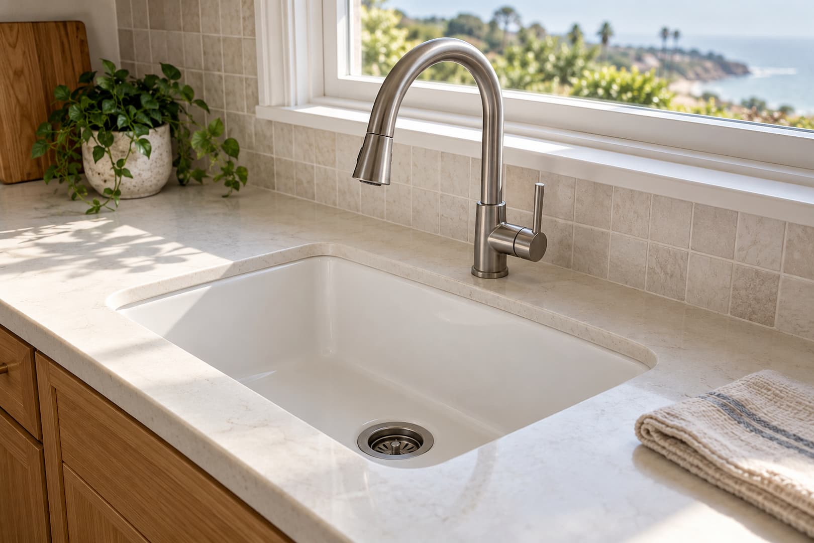 Kitchen sink and faucet viewed from above the counter