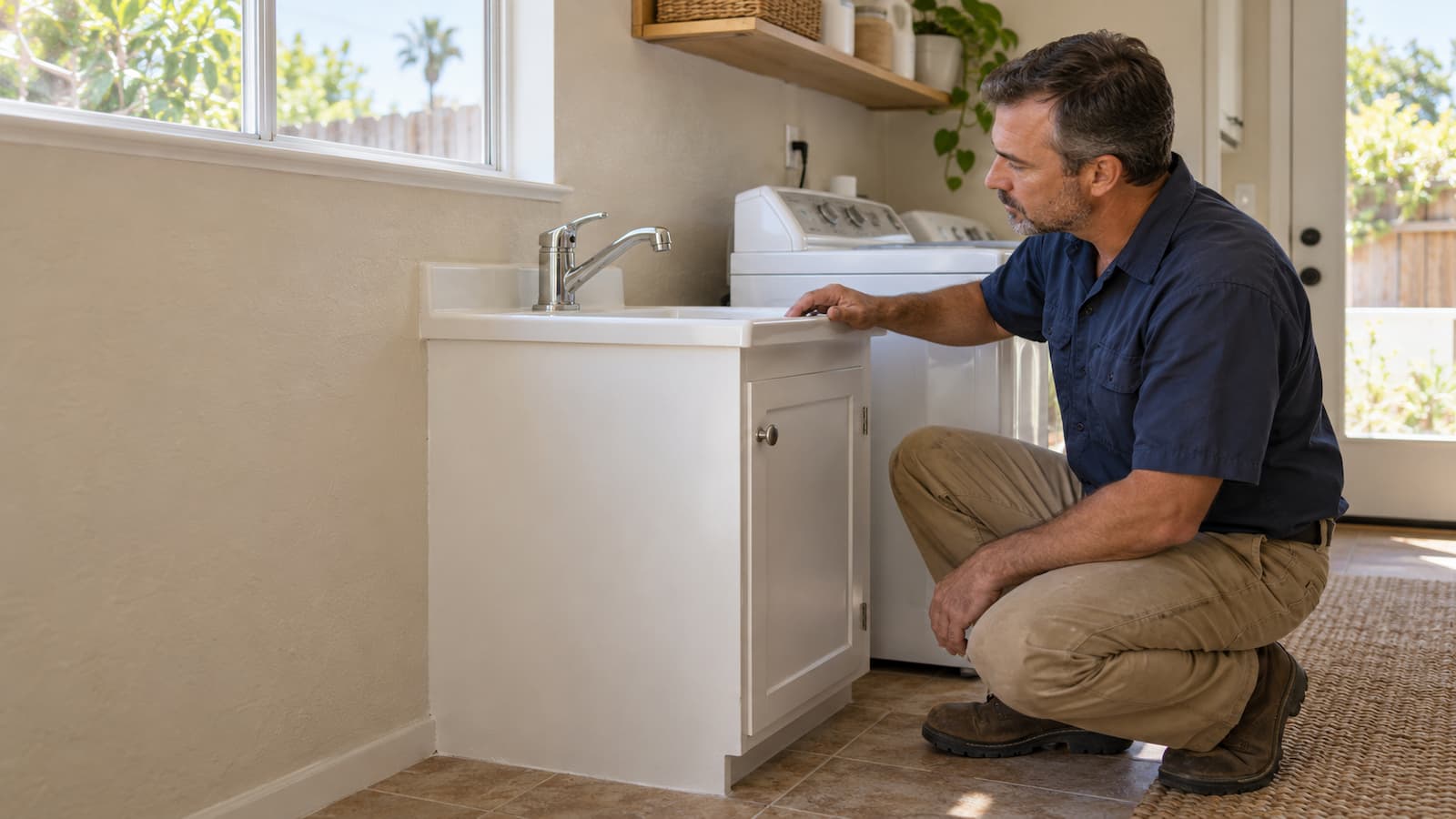 Technician inspecting a utility sink in a laundry room
