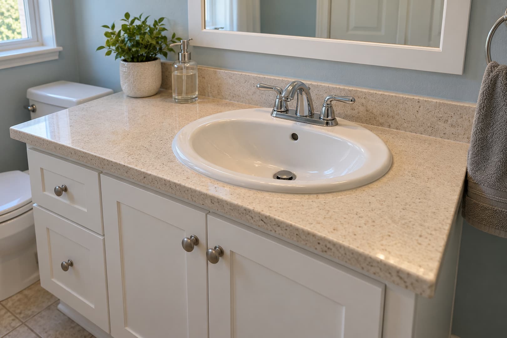 Bathroom sink with a fitted faucet and tidy counter space