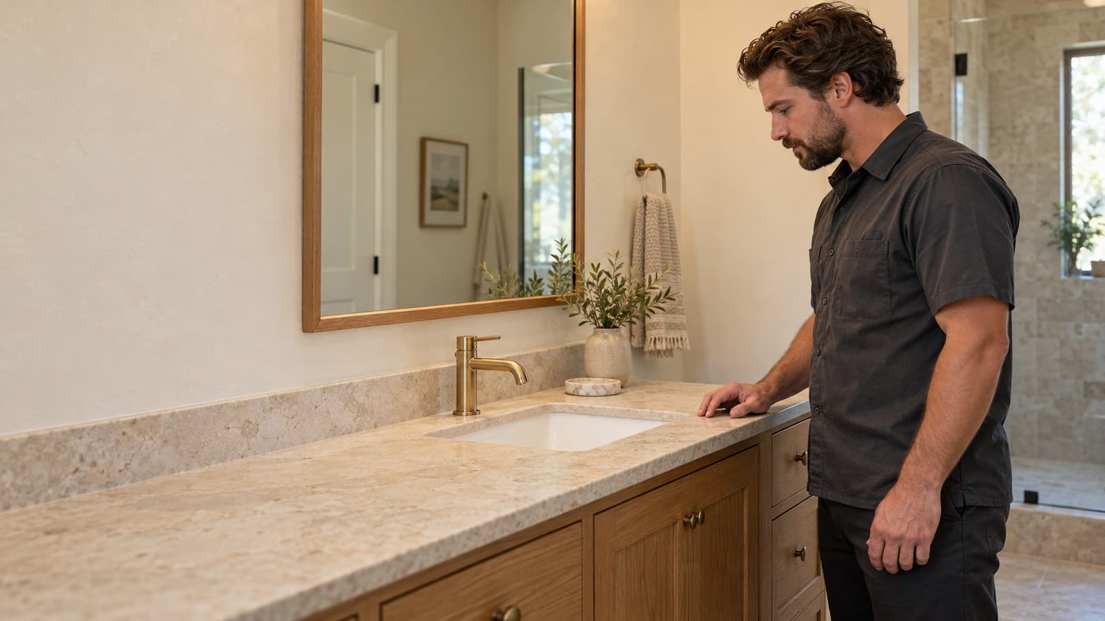 Technician examining a bathroom faucet and basin