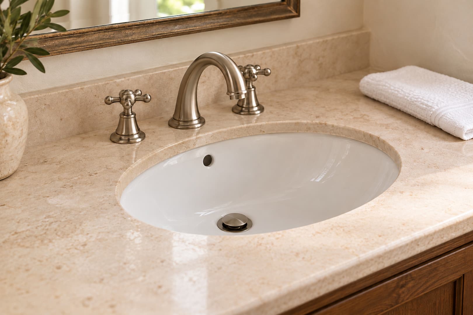 Bathroom vanity with a brass mixer faucet and clean sink surround