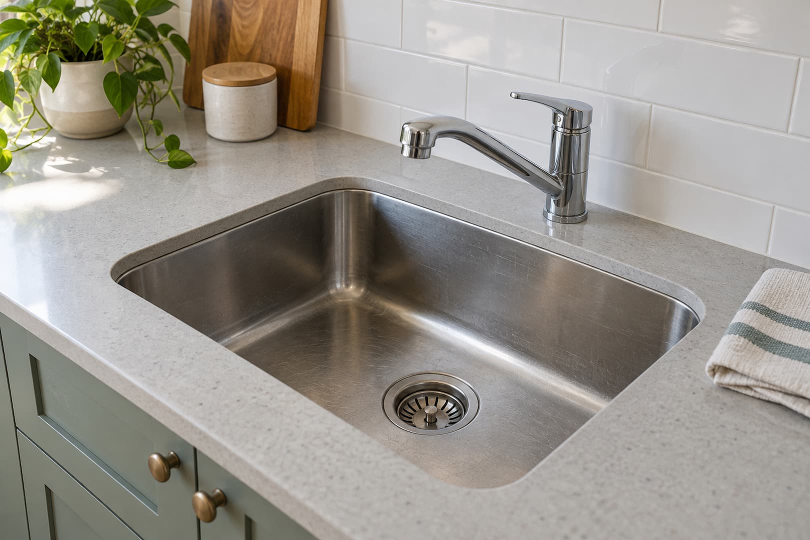 Kitchen sink and faucet fitted into a light countertop