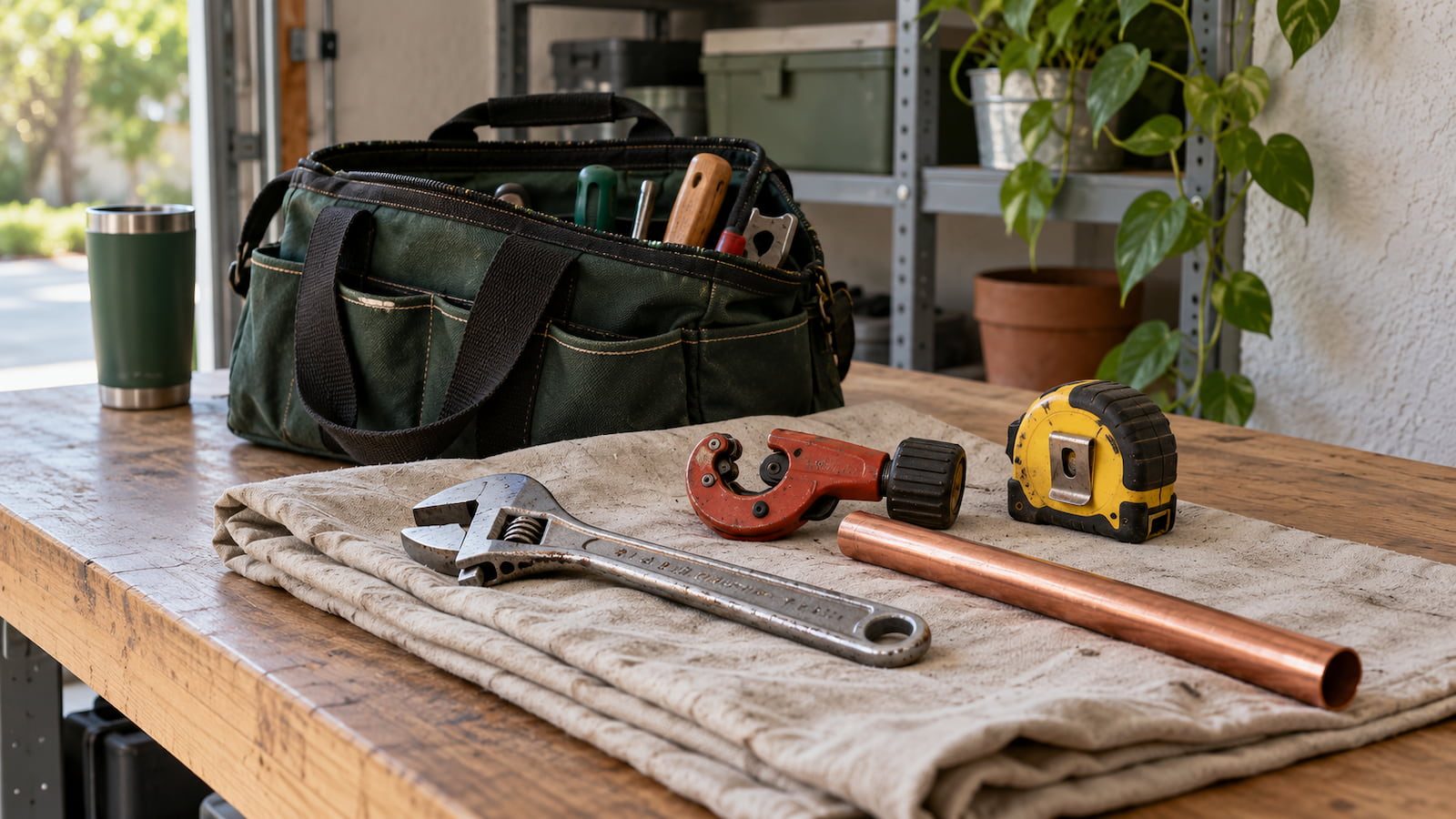 Plumbing tools and a copper pipe on a garage workbench