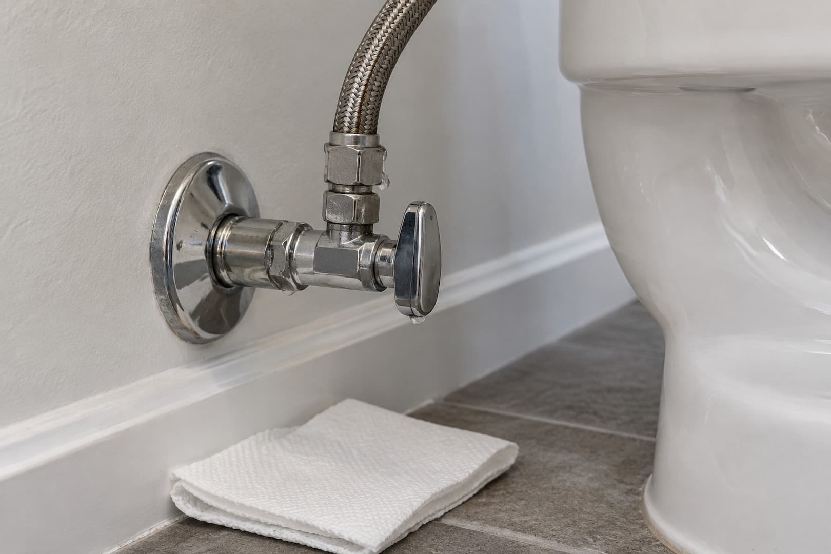 Toilet water shutoff valve and braided supply hose beside the porcelain bowl