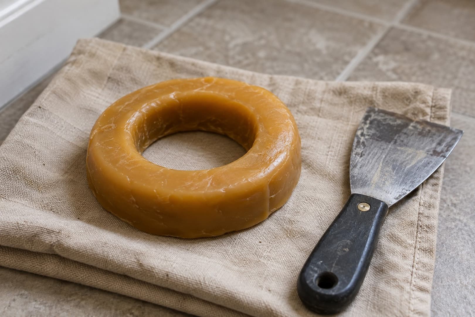 New toilet wax sealing ring on a folded cloth beside a putty knife