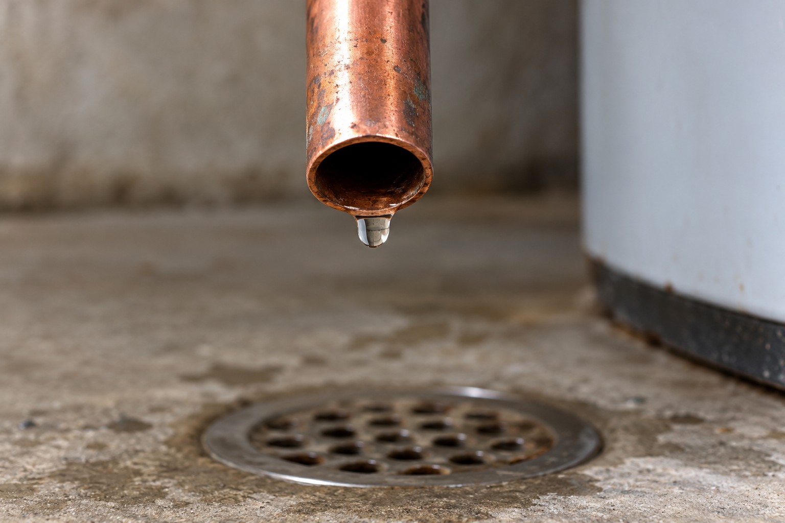 Open downward-facing relief discharge pipe dripping near the floor